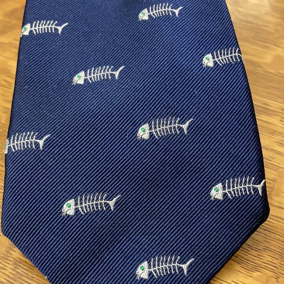 Lands’ End Navy Blue Silk Necktie Fish Bones Skeletons - Picture 2 of 4